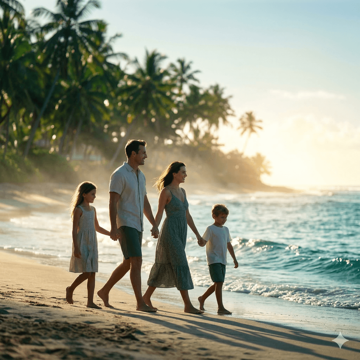 Family walking along a vibrant tropical beach with palm trees and turquoise ocean